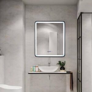 Oglinda LED Si Touch, 75 X 90 Cm, Cu Functie Dezaburire Si Ceas, Rama Negru Mat, J37, Smack
