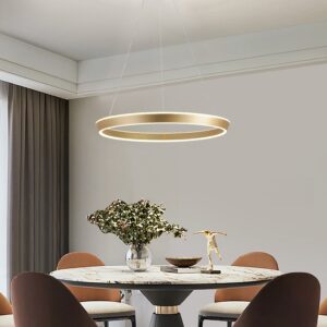 Lustra LED Tip Pendul RFAN, Model F23009/1, Cu Telecomanda, 3 Tipuri De Lumina, Inaltime Reglabila, 160W, Auriu