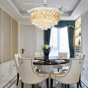 Candelabru LED RFAN, Cu Ventilator si Telecomanda, Cristal Si Metal, 72W, Alb/Auriu