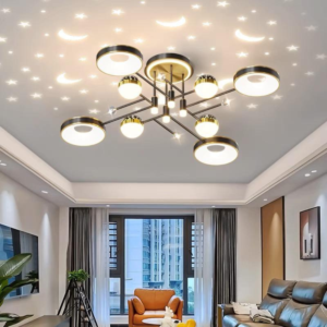 Lustra LED, Cu Telecomanda, 3 Tipuri De Lumina, Intensitate Reglabila, 46W, Negru/Auriu