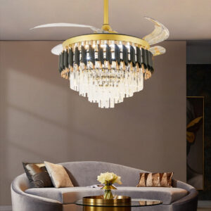 Candelabru LED RFAN, Cu Ventilator si Telecomanda, Cristal Si Metal, 72W, Negru/Auriu