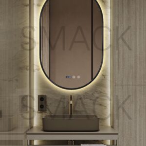 Oglinda LED si Touch, cu Functie Dezaburire si Ceas, 3 Tipuri De Lumina, Rama Negru Mat, 50 x 80 cm, Smack