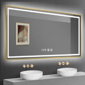 Oglinda LED Si Touch, Cu Functie Dezaburire Si Ceas, Rama Bronz Antichizat, 120x80 cm, J47 Smack