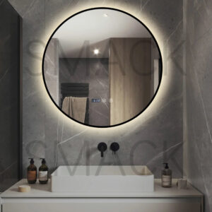 Oglinda LED si Touch, cu Functie Dezaburire si Ceas, 3 Tipuri De Lumina, Rama Negru Mat, 60 cm, J181-60 Smack